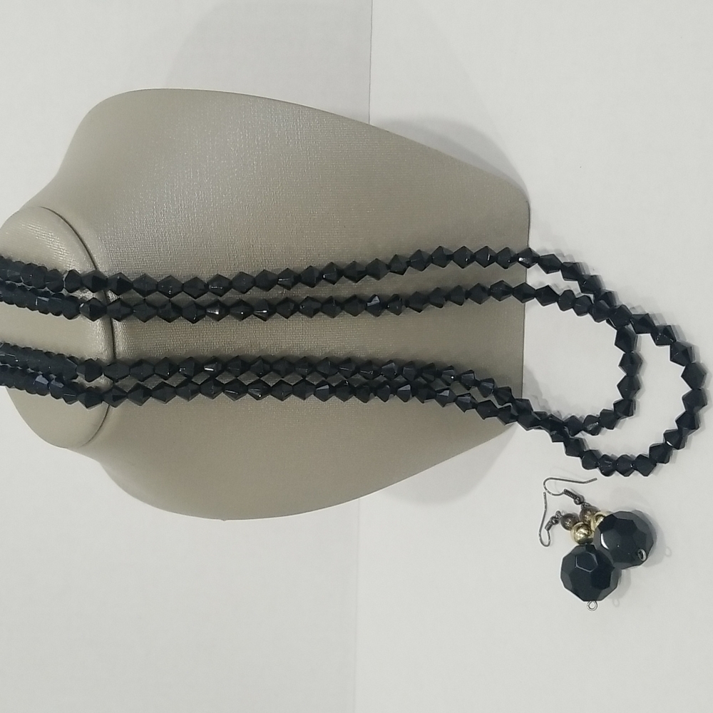 Vintage Black Diamond Cut‎ Necklace & Earrings Matching Set